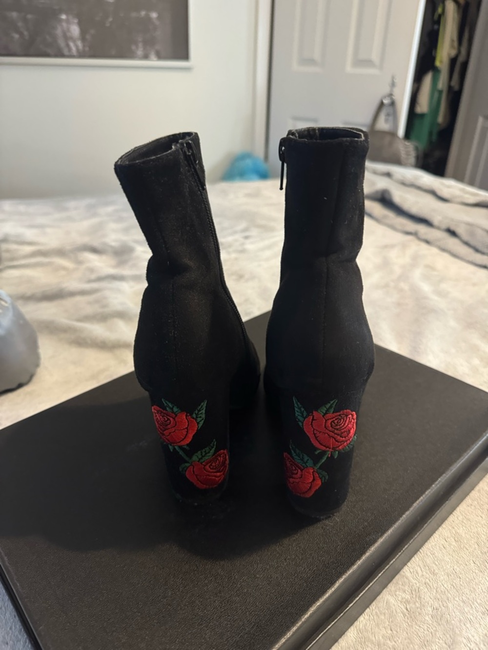 Black Ankle Boots with Red Rose Embroidery